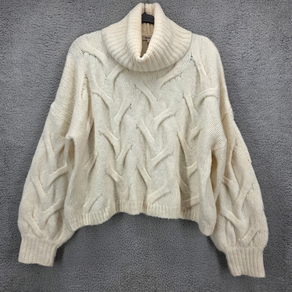 Madewell Ivory Cable Knit Turtleneck Sweater Womens Large Oversized Chunky L